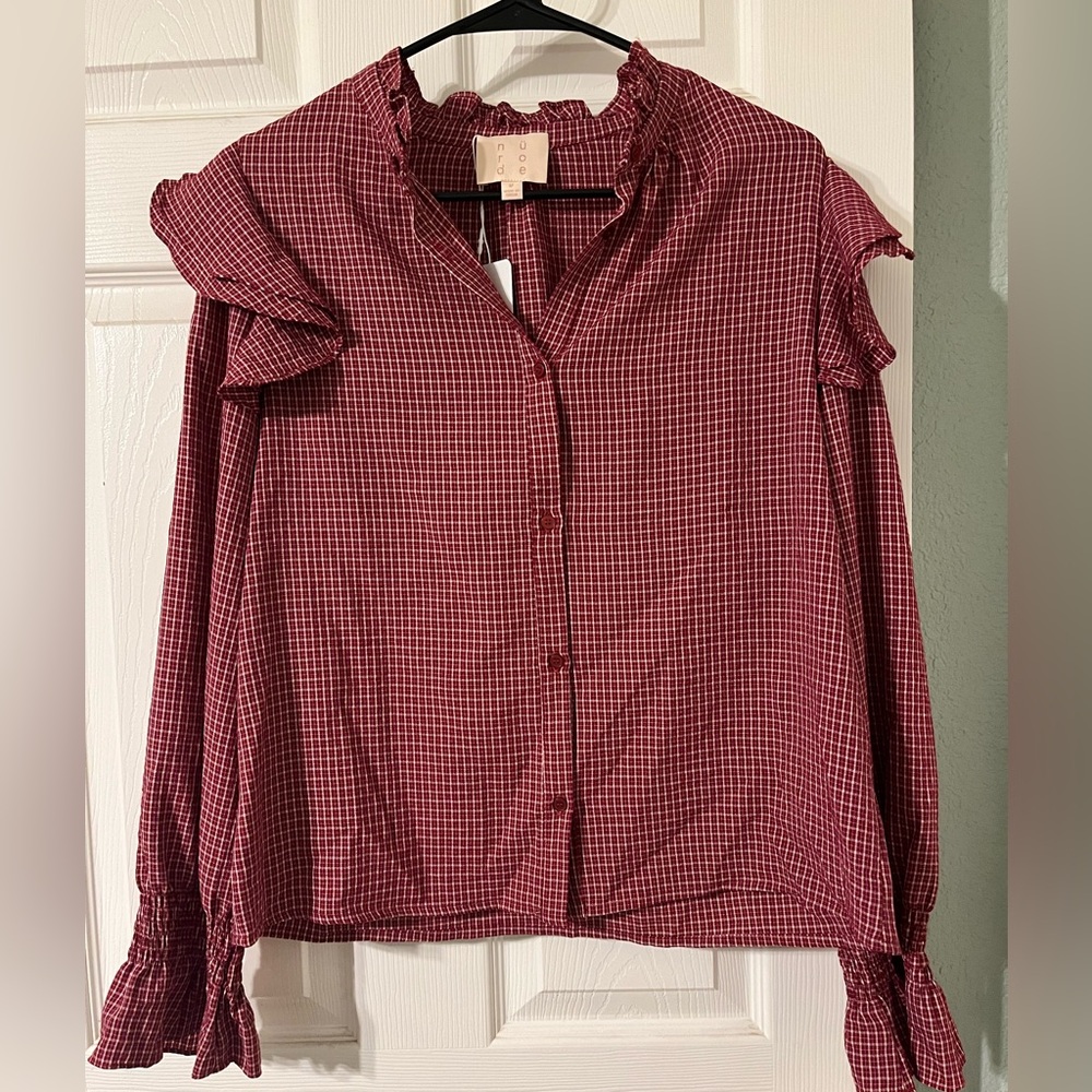 Ruffled Plaid Long Sleeve Shirt NWT